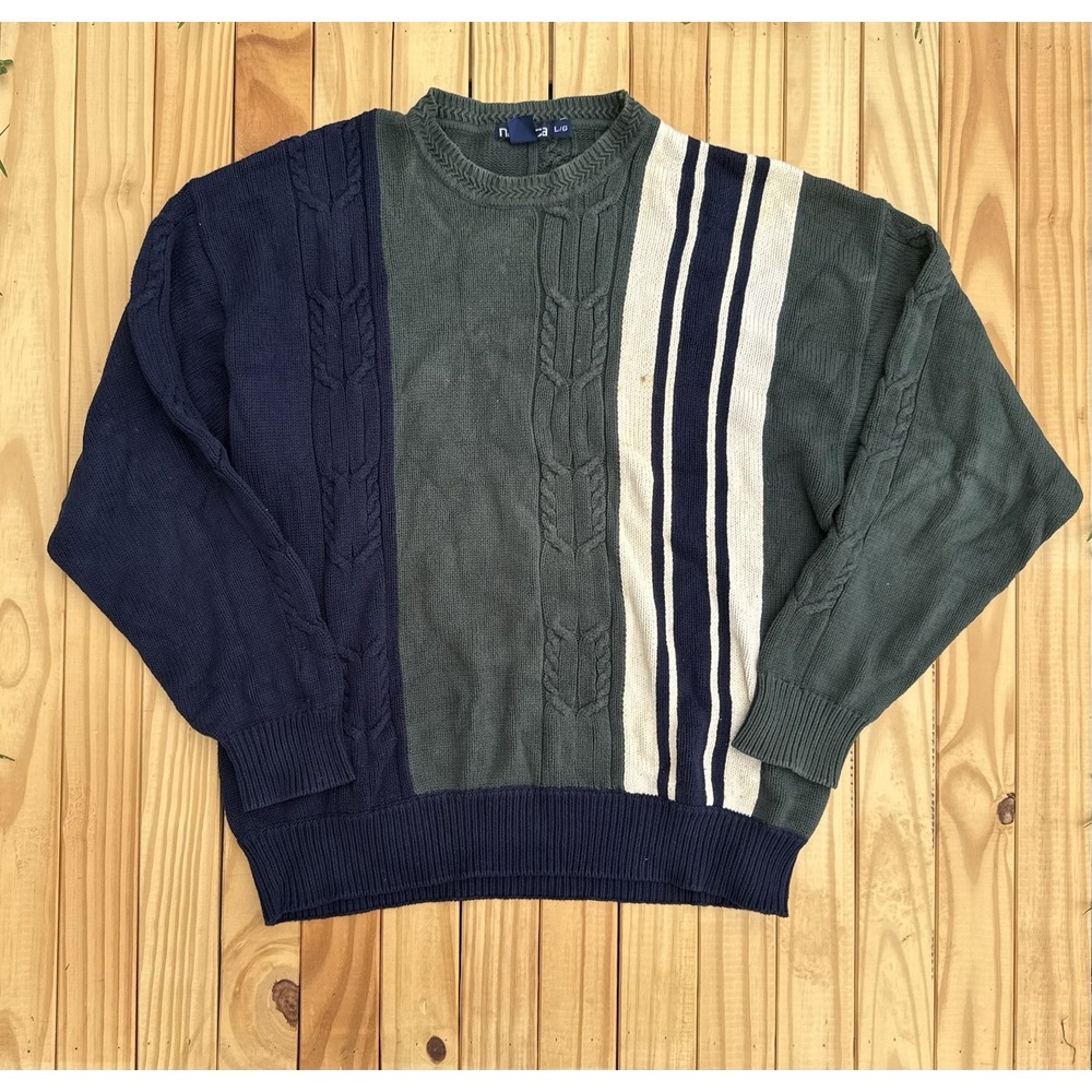 Vintage 90s Nautica Knit Sweater Sz L Stripe Crew Neck Pullover Blue Green‎